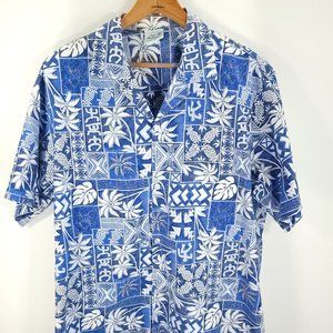 Jade Fashions Hawaiian Shirt Men's XL Blue White Geometric Tribal Print